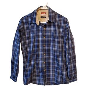 Wrangler Shirt Mens Small Wrinkle Resistant Button Plaid Blue White Top Western